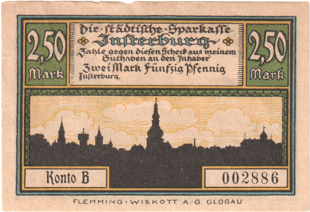 Geldschein, Deutschland, Insterburg, 2.5 Mark, village 1, O.D, UNZ, Mehl:645.1a