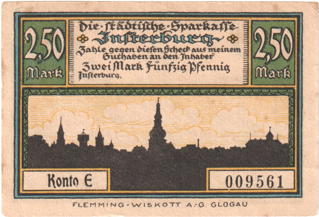 Banconote, Germania, Insterburg, 2.5 Mark, village 2, O.D, FDS, Mehl:645.1a