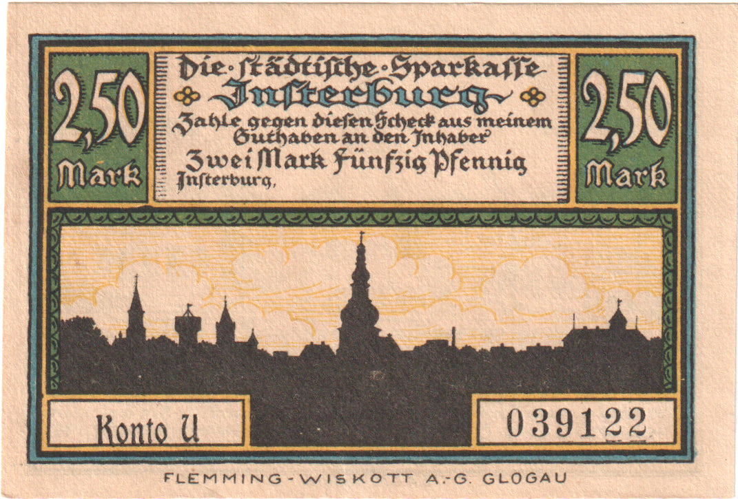 Geldschein, Deutschland, Insterburg, 2.5 Mark, Village 5, O.D, UNZ, Mehl:645.1a