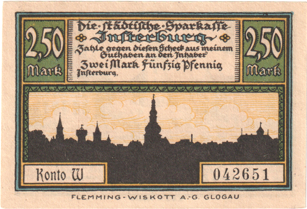 Geldschein, Deutschland, Insterburg, 2.5 Mark, Village 6, O.D, UNZ, Mehl:645.1a