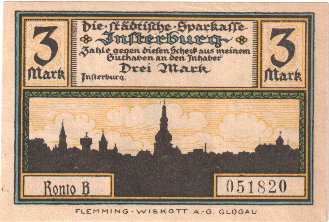 Geldschein, Deutschland, Insterburg, 3 Mark, portrait, O.D, UNZ, Mehl:645.1a
