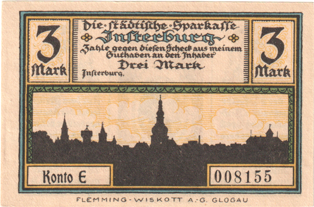 Geldschein, Deutschland, Insterburg, 3 Mark, portrait 1, O.D, UNZ, Mehl:645.1a