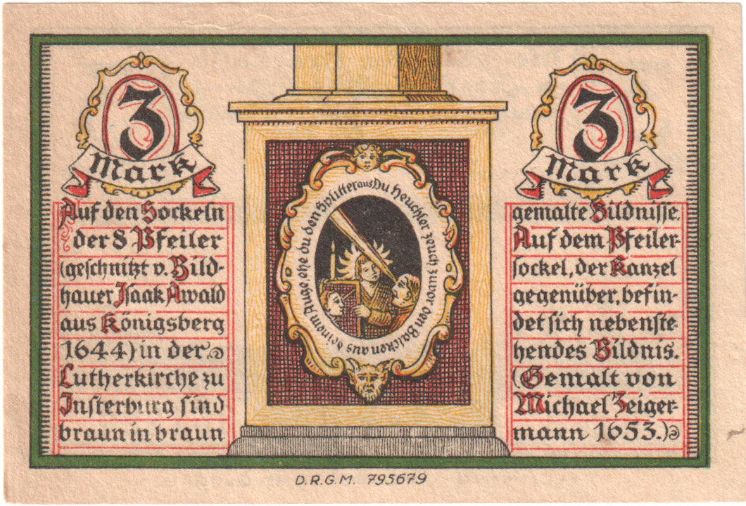 Nota, Alemanha, Insterburg, 3 Mark, portrait 2, O.D, UNC(65-70), Mehl:645.1a