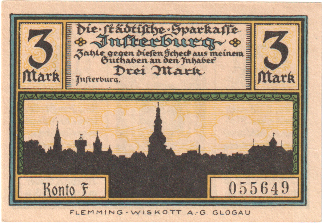 Nota, Alemanha, Insterburg, 3 Mark, portrait 2, O.D, UNC(65-70), Mehl:645.1a