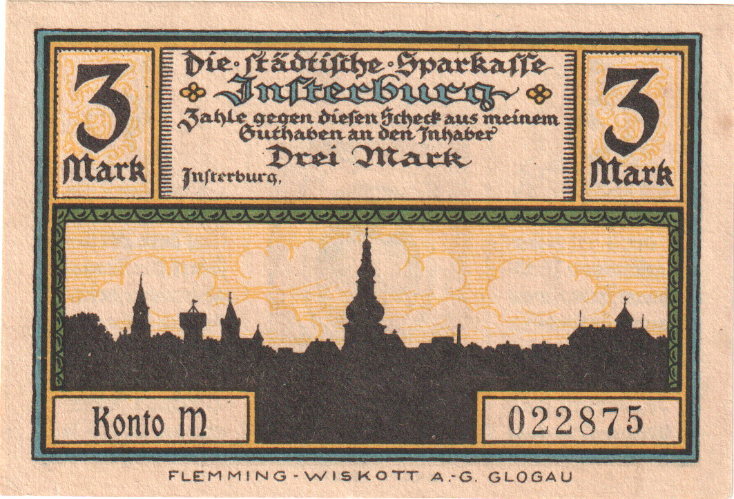 Banconote, Germania, Insterburg, 3 Mark, portrait 3, O.D, FDS, Mehl:645.1a