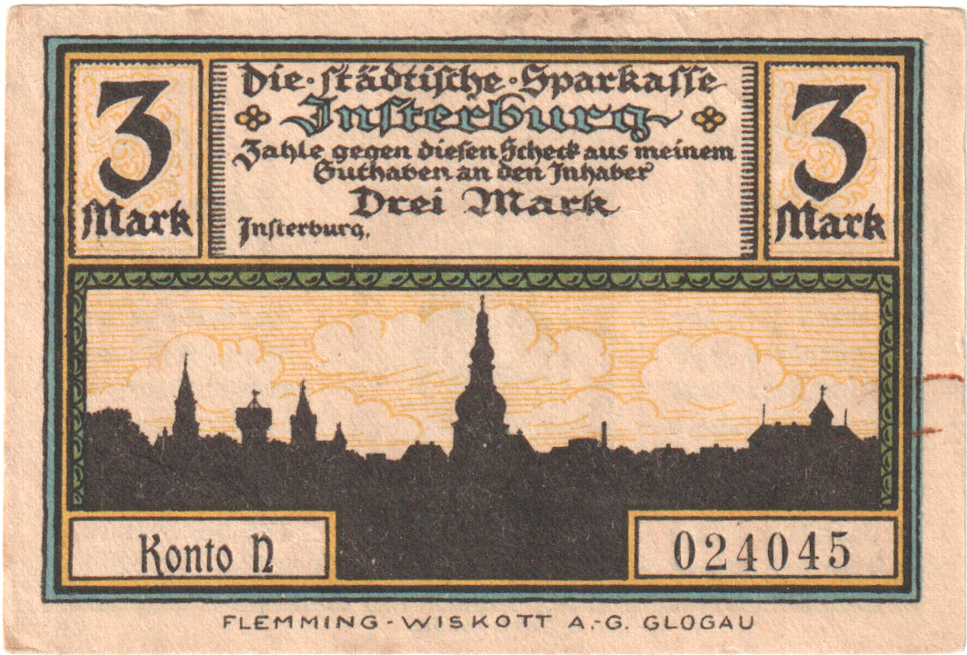 Geldschein, Deutschland, Insterburg, 3 Mark, portrait 4, O.D, UNZ, Mehl:645.1a