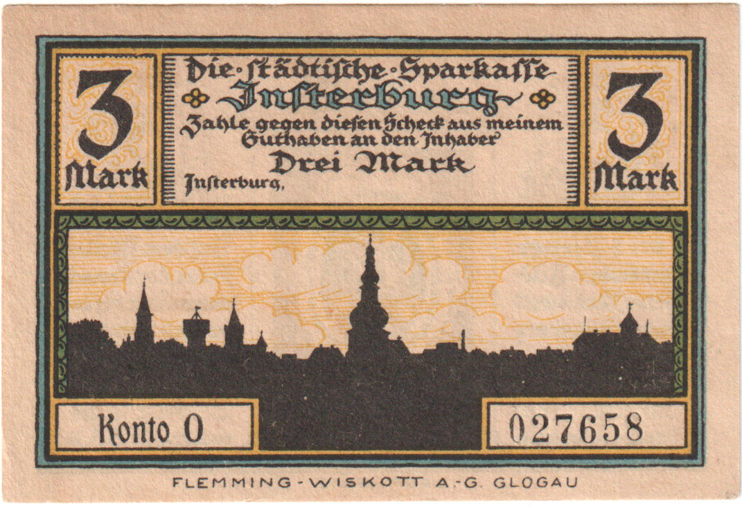 Banconote, Germania, Insterburg, 3 Mark, portrait 5, O.D, FDS, Mehl:645.1a