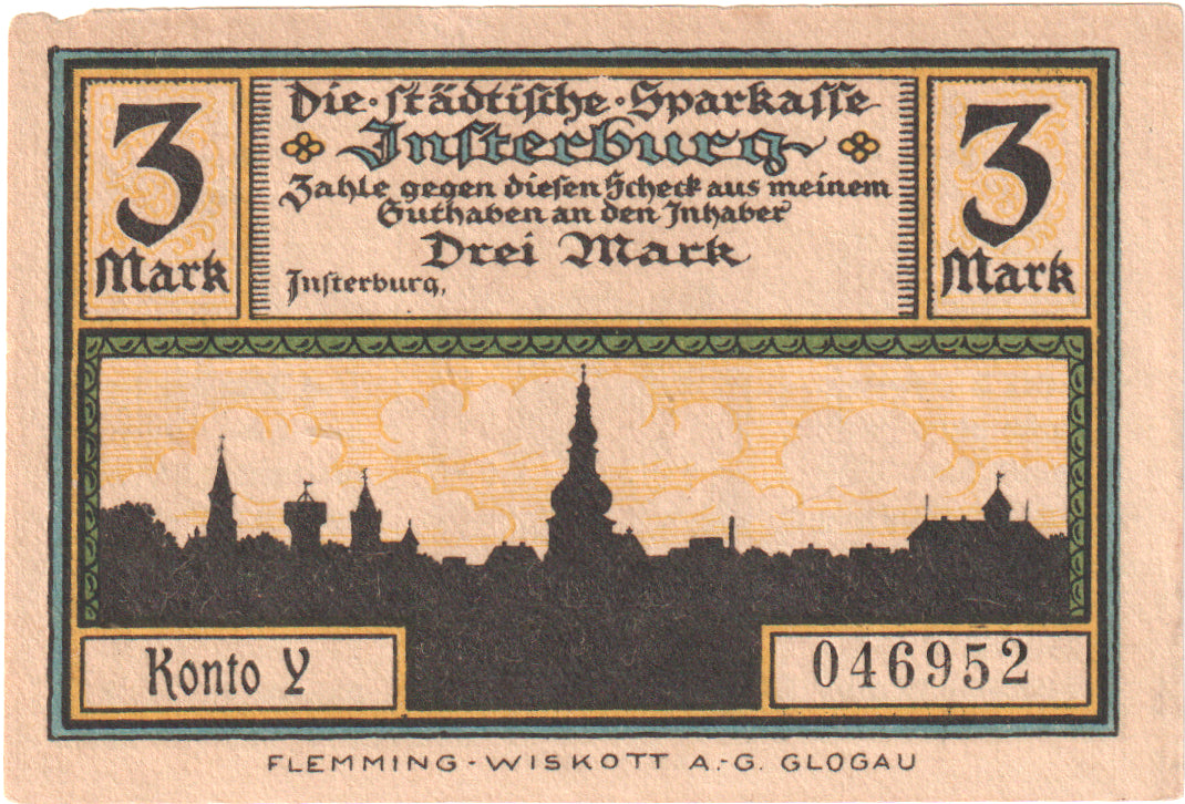 Banconote, Germania, Insterburg, 3 Mark, portrait 6, O.D, FDS, Mehl:645.1a