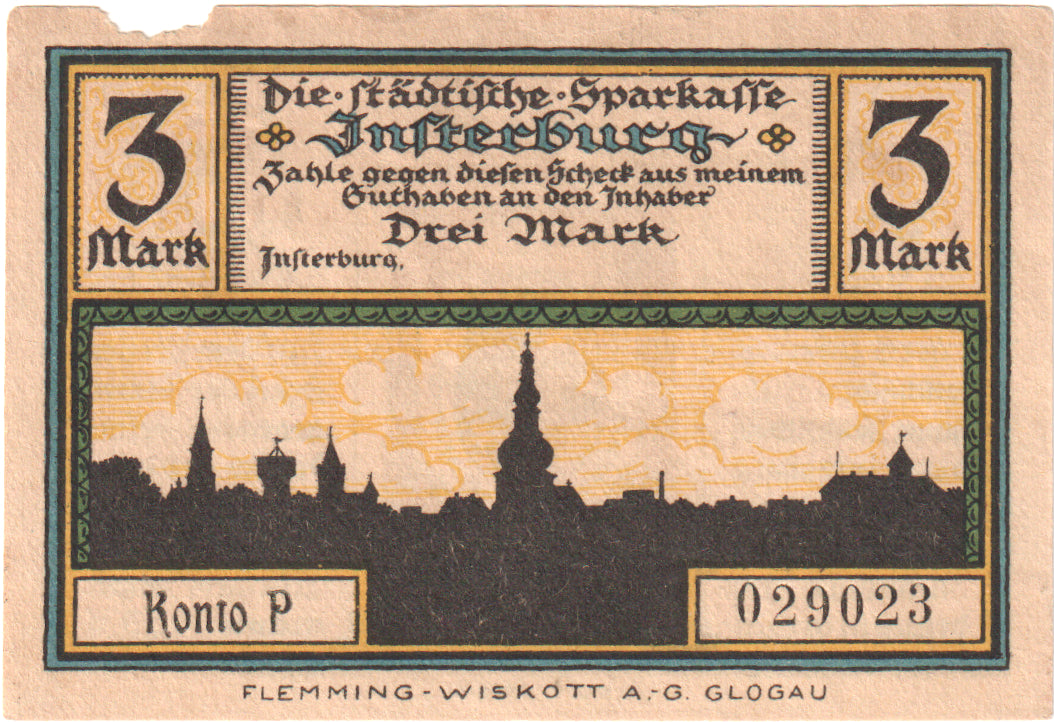 Banconote, Germania, Insterburg, 3 Mark, portrait 7, O.D, BB+, Mehl:645.1a
