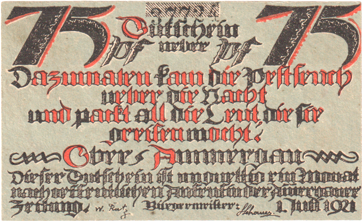 Geldschein, Deutschland, Oberammergau Gemeinde, 75 Pfennig, squelette 2, 1921