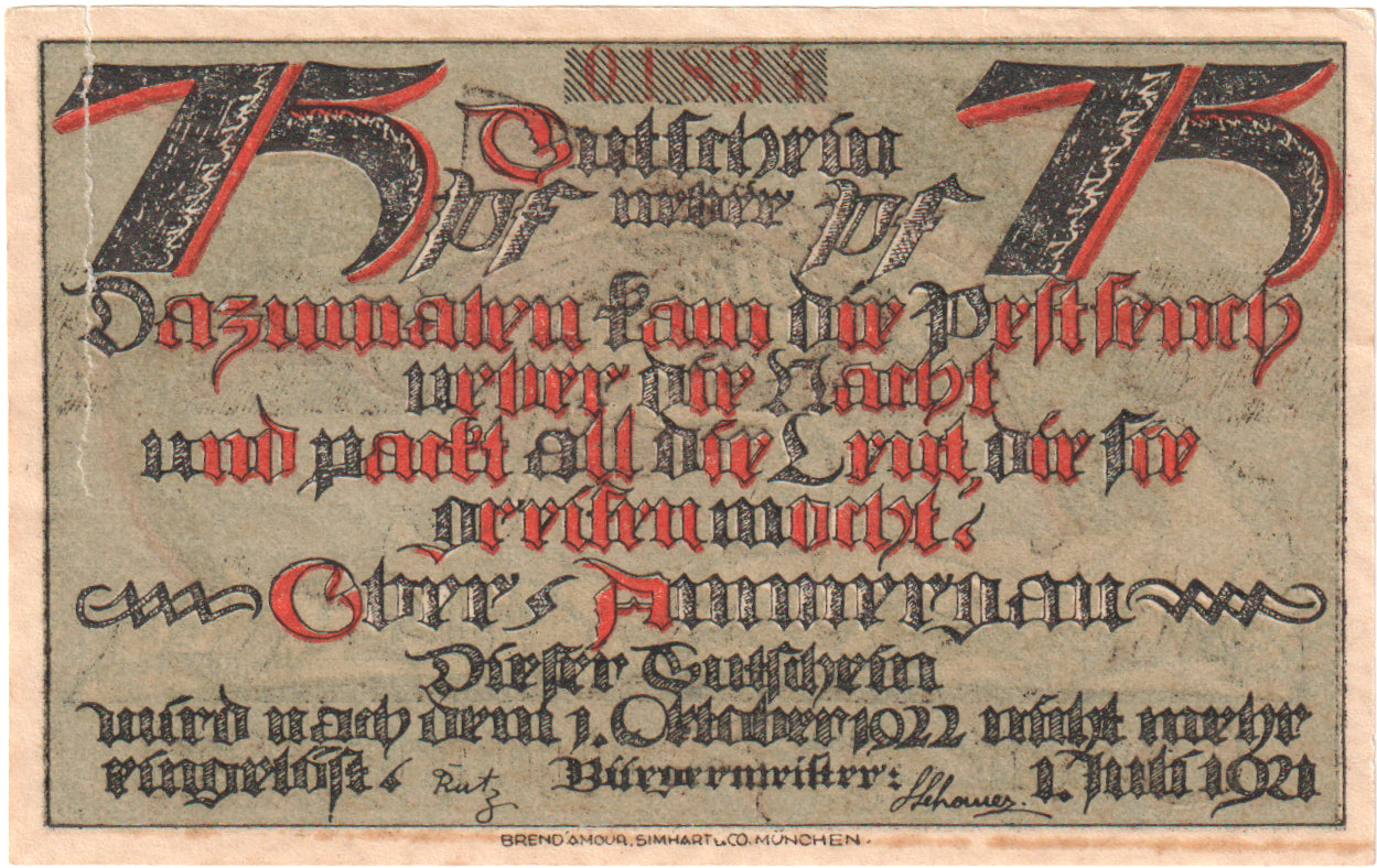Geldschein, Deutschland, Oberammergau Gemeinde, 75 Pfennig, squelette 3, 1921