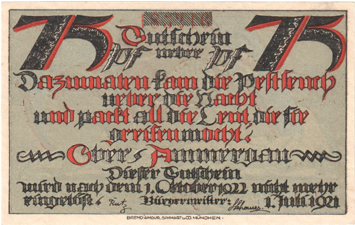 Geldschein, Deutschland, Oberammergau Gemeinde, 75 Pfennig, squelette 4, 1921