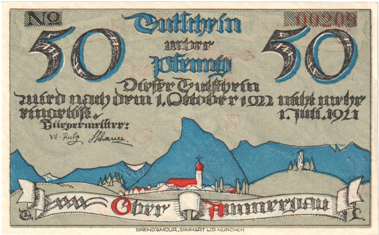 Banconote, Germania, Oberammergau Gemeinde, 50 Pfennig, personnage 1, 1921