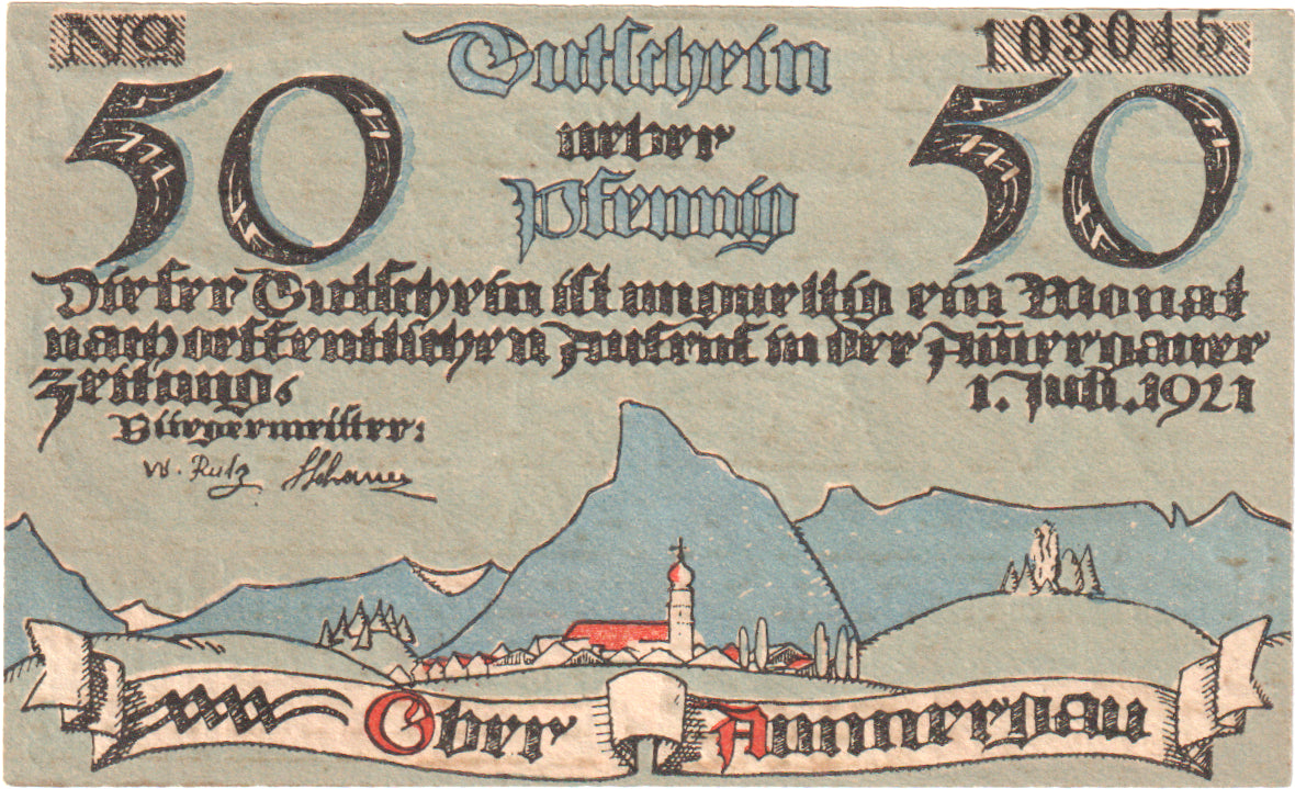 Banconote, Germania, Oberammergau Gemeinde, 50 Pfennig, personnage 2, 1921