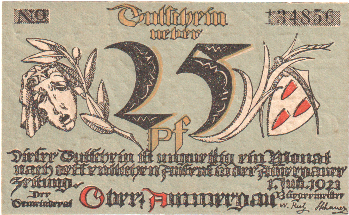 Banconote, Germania, Oberammergau Gemeinde, 25 Pfennig, paysage 1, 1921