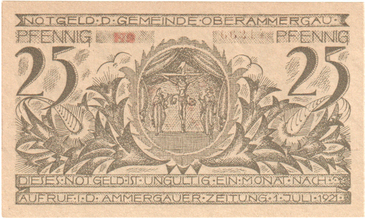 Banconote, Germania, Oberammergau Gemeinde, 25 Pfennig, village, 1921