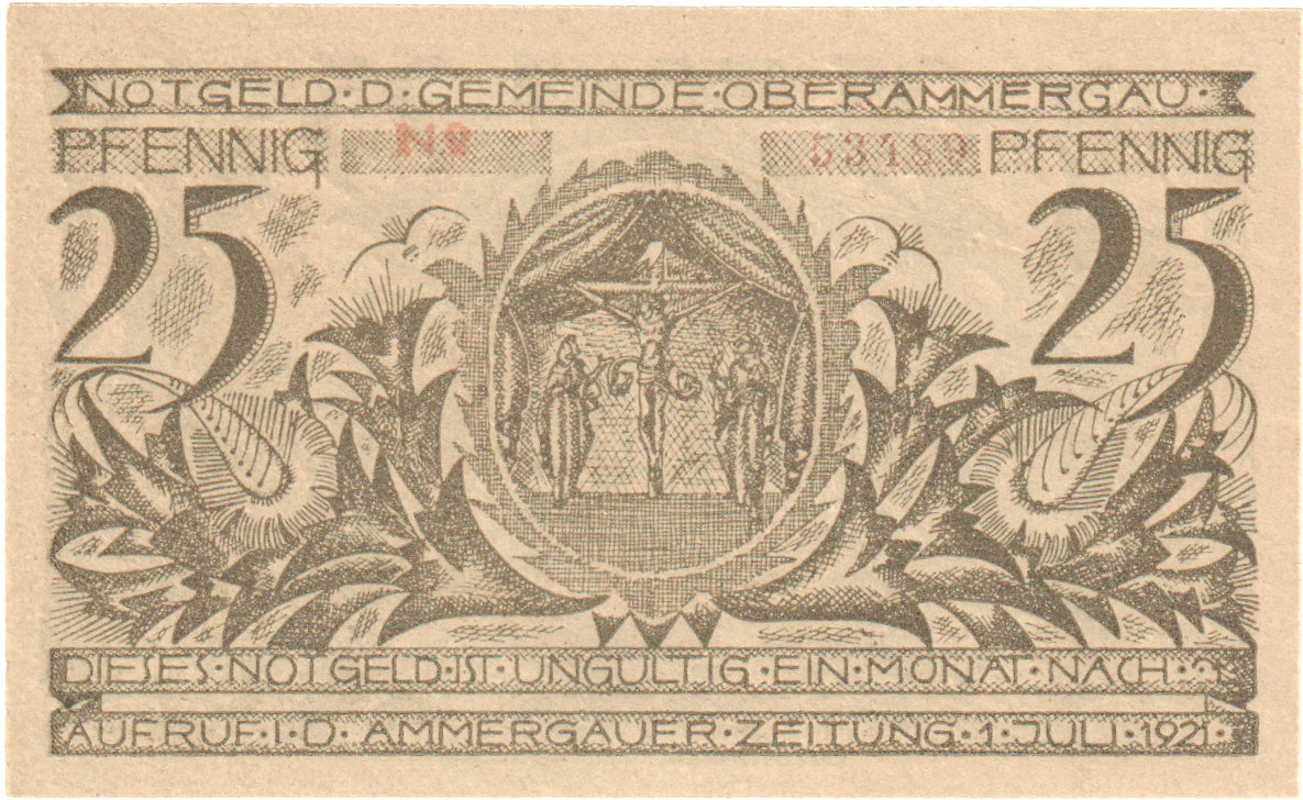 Banconote, Germania, Oberammergau Gemeinde, 25 Pfennig, village 1, 1921