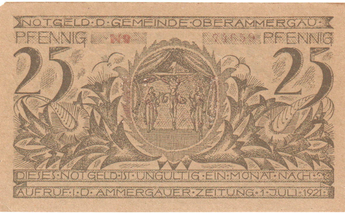 Banconote, Germania, Oberammergau Gemeinde, 25 Pfennig, village 2, 1921