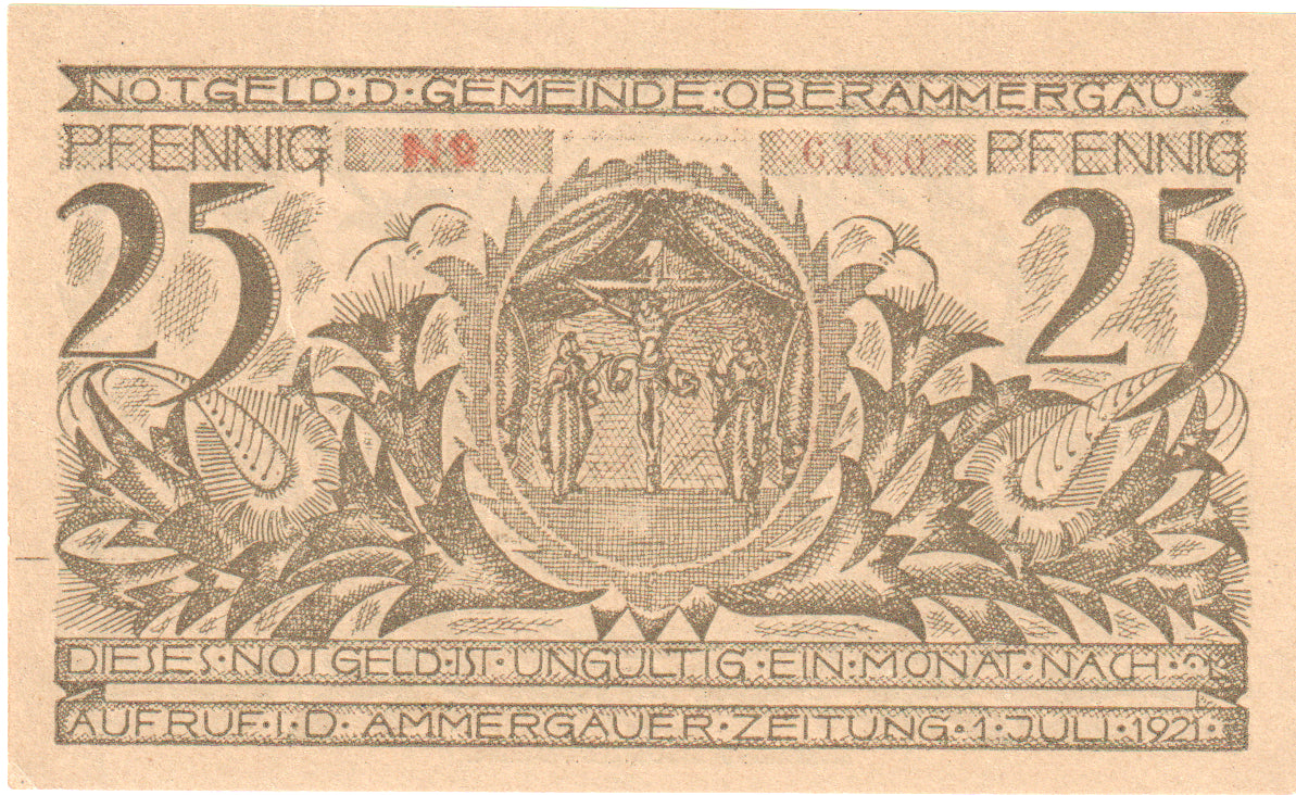 Banconote, Germania, Oberammergau Gemeinde, 25 Pfennig, Village 3, 1921