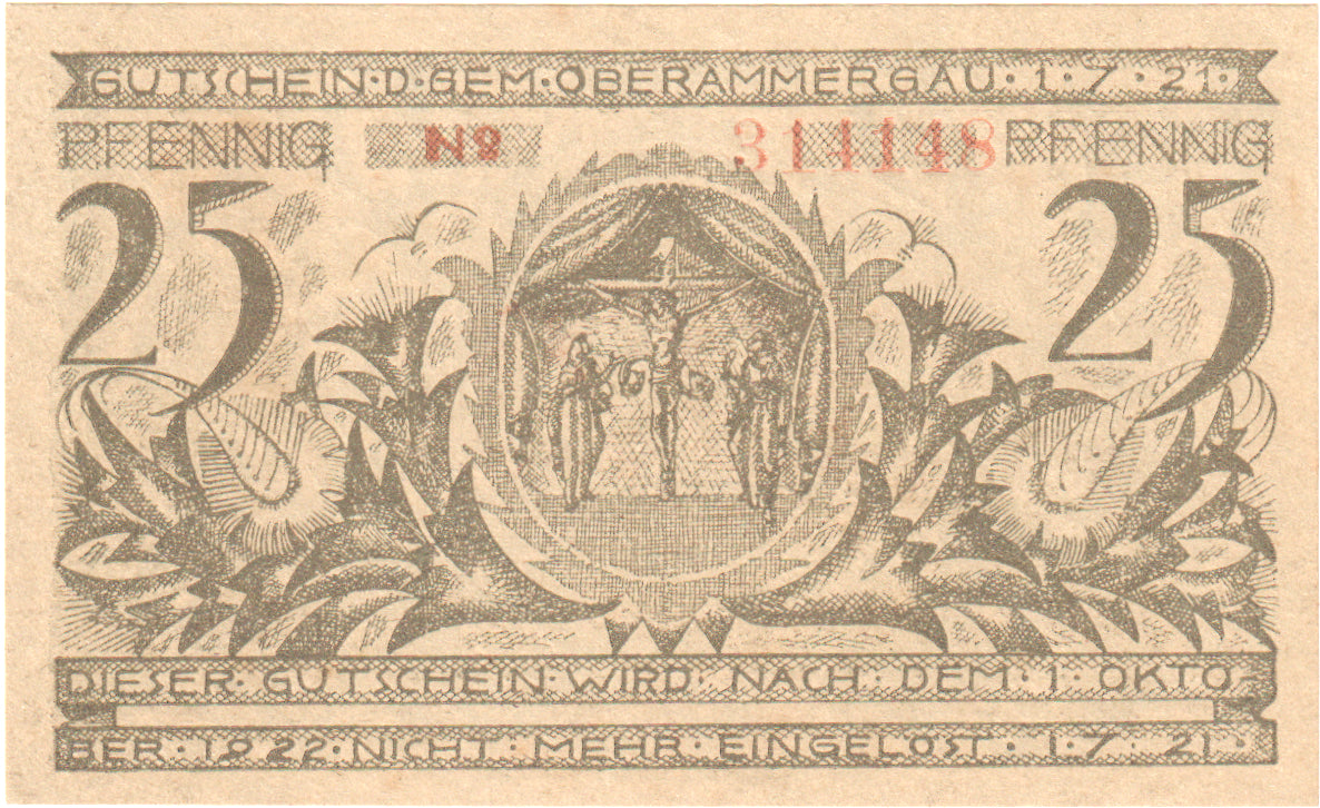 Banconote, Germania, Oberammergau Gemeinde, 25 Pfennig, Village 4, 1921