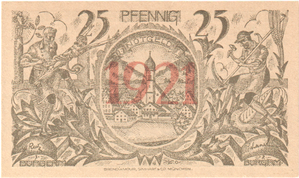Banconote, Germania, Oberammergau Gemeinde, 25 Pfennig, Village 4, 1921