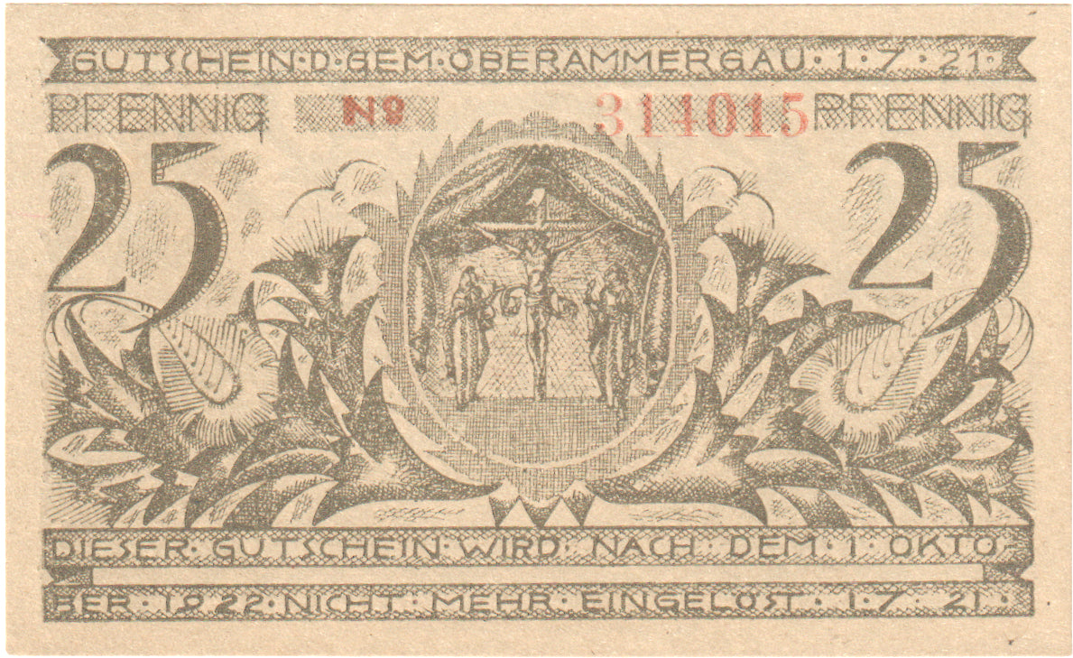 Billet, Allemagne, Oberammergau Gemeinde, 25 Pfennig, Village 6, 1921