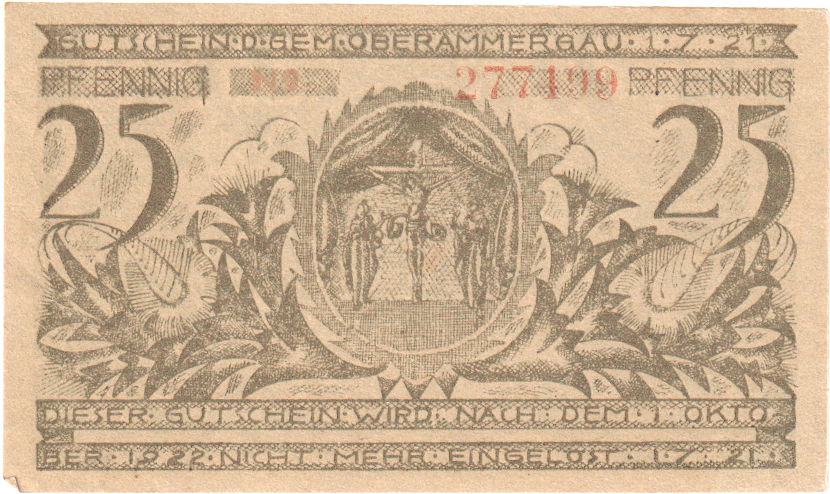 Banconote, Germania, Oberammergau Gemeinde, 25 Pfennig, Village 7, 1921
