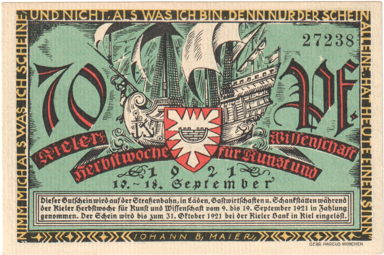 Banknot, Niemcy, Kiel Kieler Herbstwoche für Kunst und Wissenschaft, 70