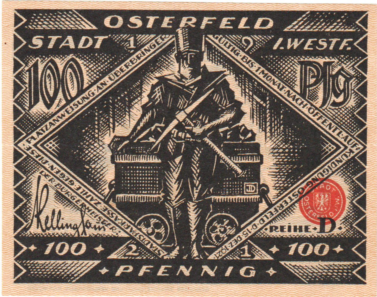 Banknot, Niemcy, Osterfeld, 100 Pfennig, personnage, 1921, 1921-12-15