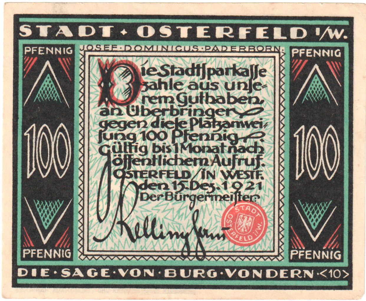 Banknot, Niemcy, Osterfeld, 100 Pfennig, personnage, 1921, 1921-12-15, UNC(63)