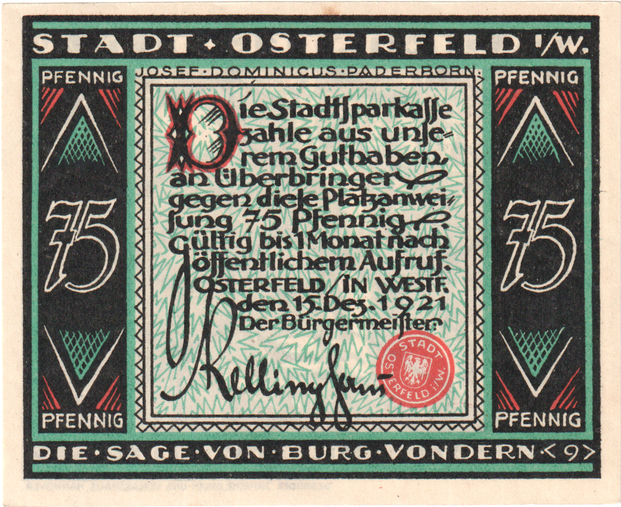Banknot, Niemcy, Osterfeld, 75 Pfennig, personnage, 1921, 1921-12-15, UNC(63)