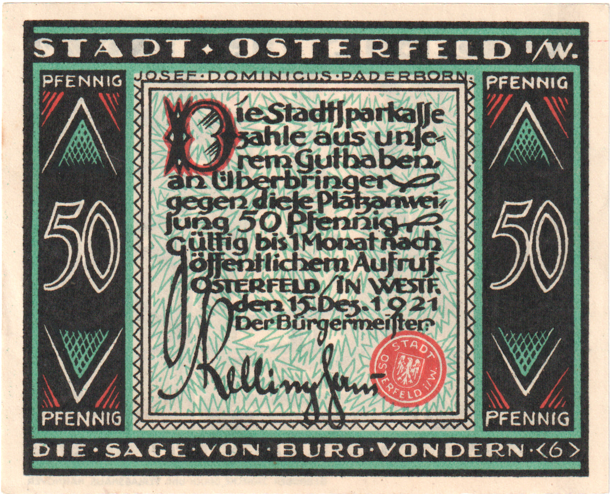Banconote, Germania, Osterfeld, 50 Pfennig, personnage, 1921, 1921-12-15, SPL