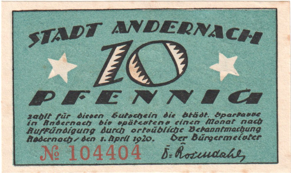 Banknot, Niemcy, Andernach, 10 Pfennig, personnage, 1920, 1920-04-01, UNC(63)