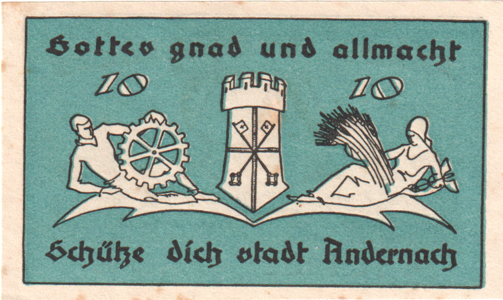 Banknot, Niemcy, Andernach, 10 Pfennig, personnage, 1920, 1920-04-01, UNC(63)
