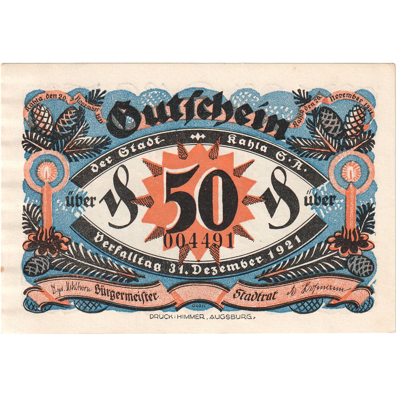 Banconote, Germania, Kahla, 50 Pfennig, nativité, 1921, 1921-12-31, SPL