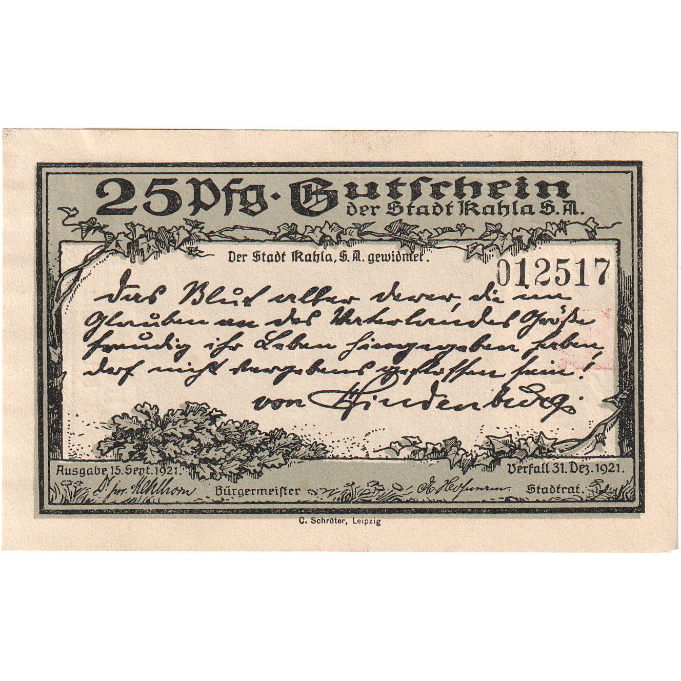 Banconote, Germania, Kahla, 25 Pfennig, paysage, 1921, 1921-12-31, SPL