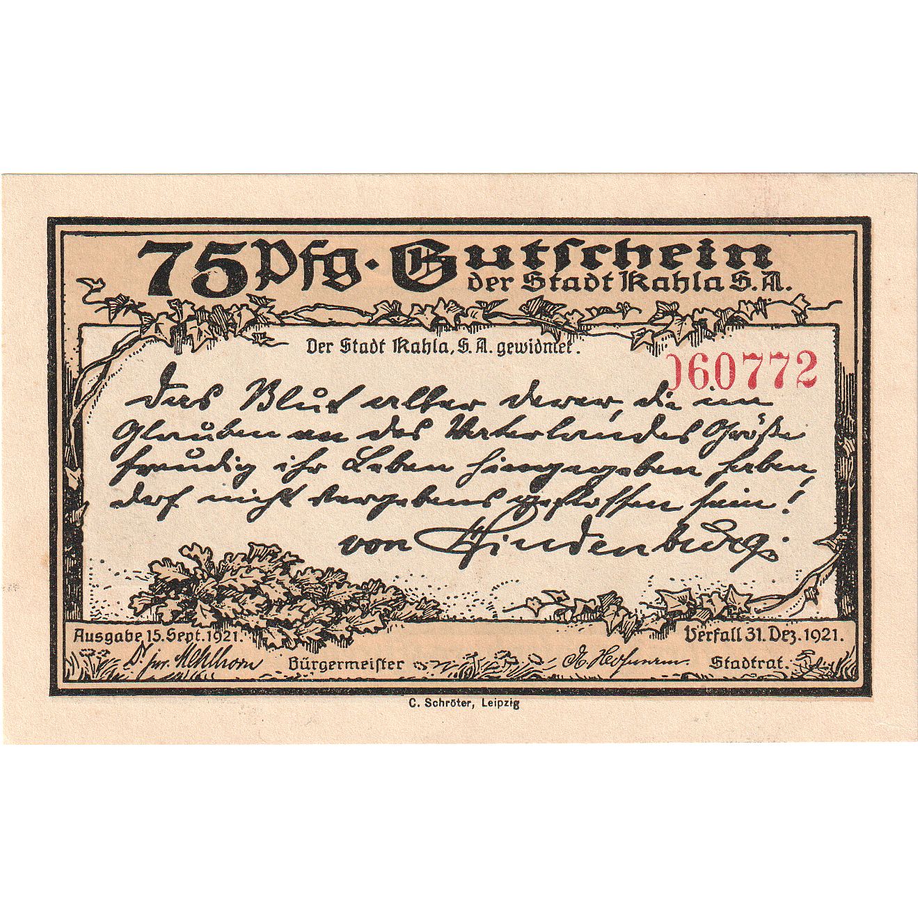 Banconote, Germania, Kahla, 75 Pfennig, château, 1921, 1921-12-31, SPL