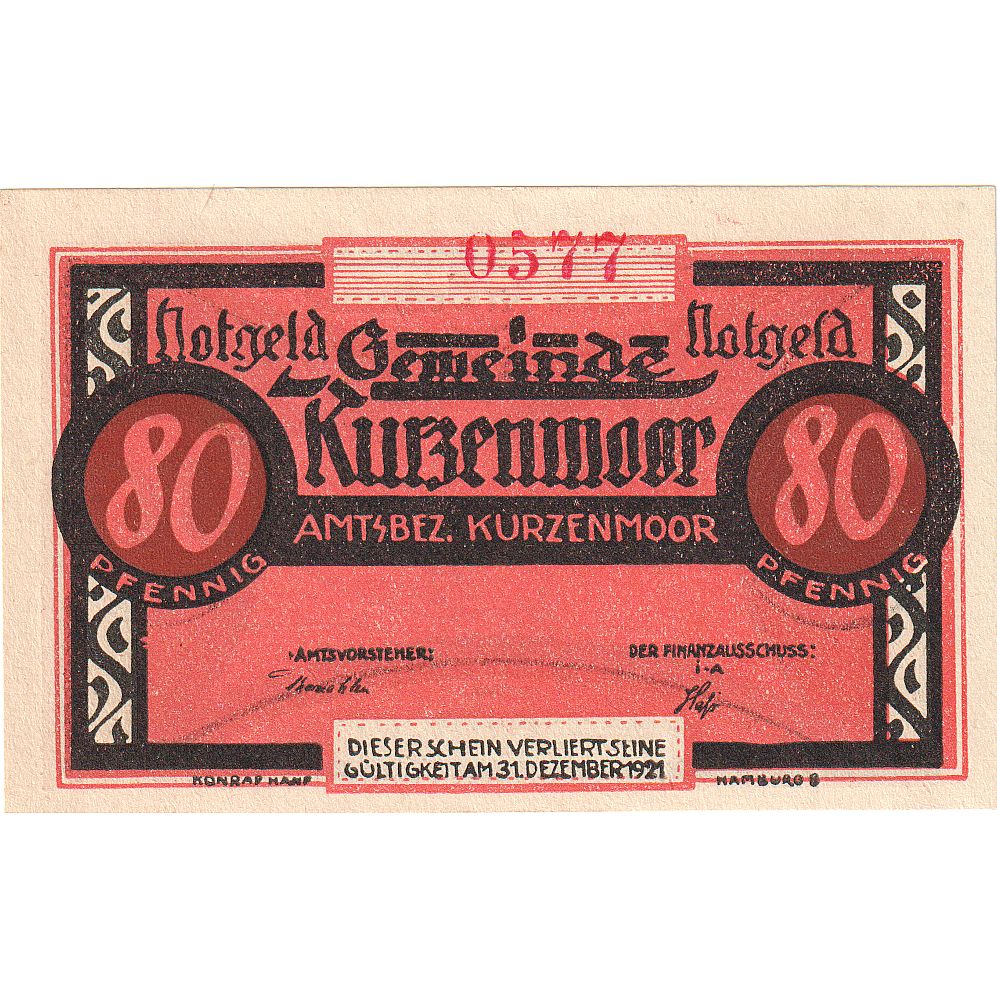 Geldschein, Deutschland, Kurzenmoor, 80 Pfennig, patineur, 1921, 1921-12-31