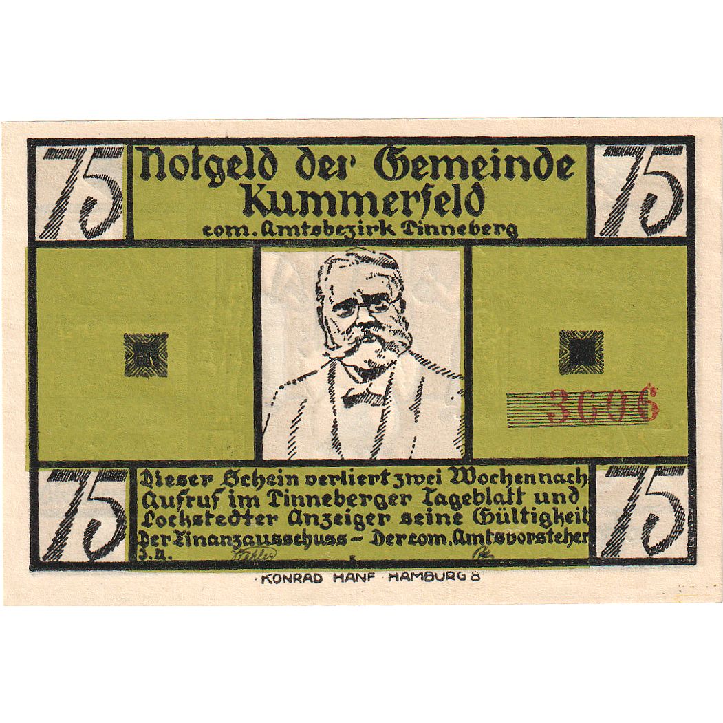 Banconote, Germania, Kummerfeld, 75 Pfennig, personnage, 1921, SPL, Mehl:749.6a
