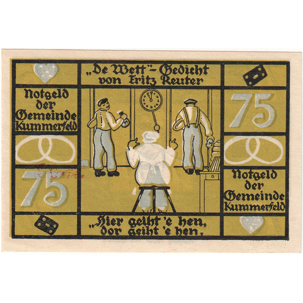 Banconote, Germania, Kummerfeld, 75 Pfennig, personnage, 1921, SPL, Mehl:749.6a
