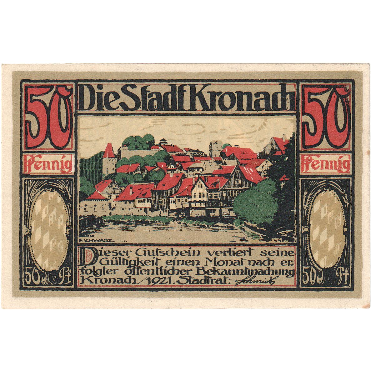 Banconote, Germania, Kronach, 50 Pfennig, paysage, 1921, FDS, Mehl:747.1