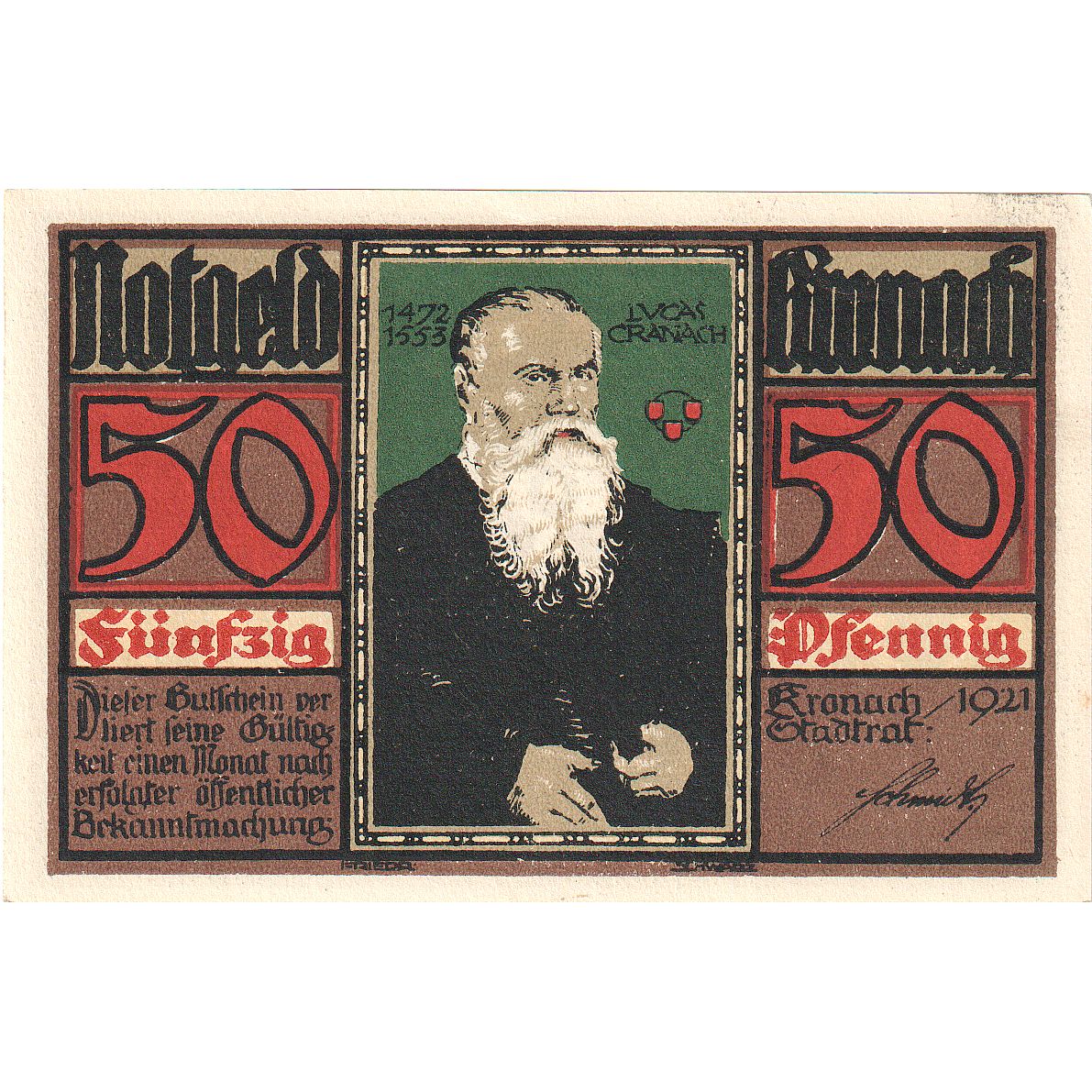Banconote, Germania, Kronach, 50 Pfennig, portrait, 1921, FDS, Mehl:747.1