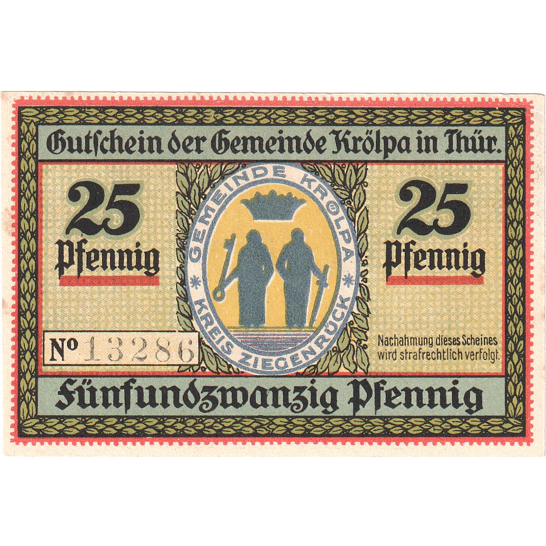 Geldschein, Deutschland, Krölpa in Thür., 25 Pfennig, entrée, 1921