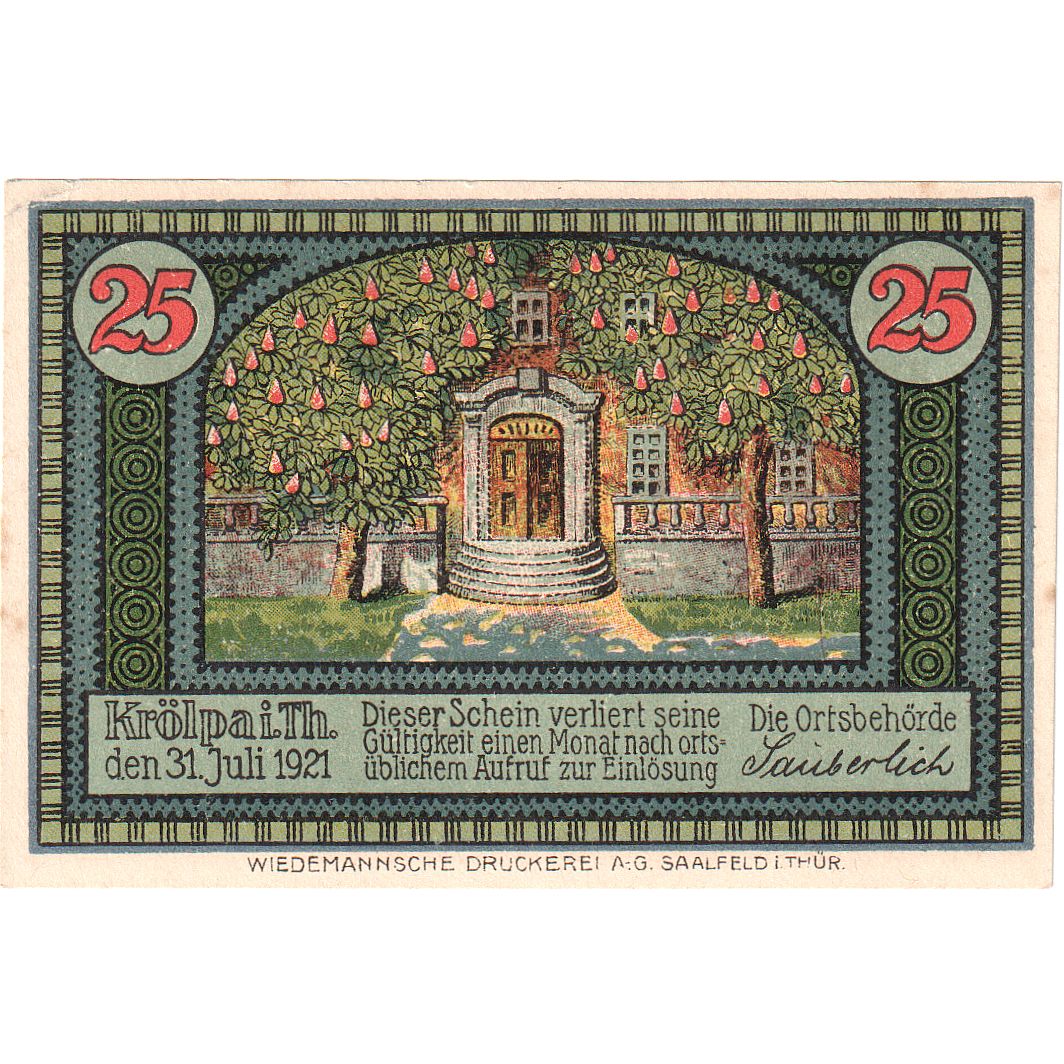Geldschein, Deutschland, Krölpa in Thür., 25 Pfennig, entrée, 1921