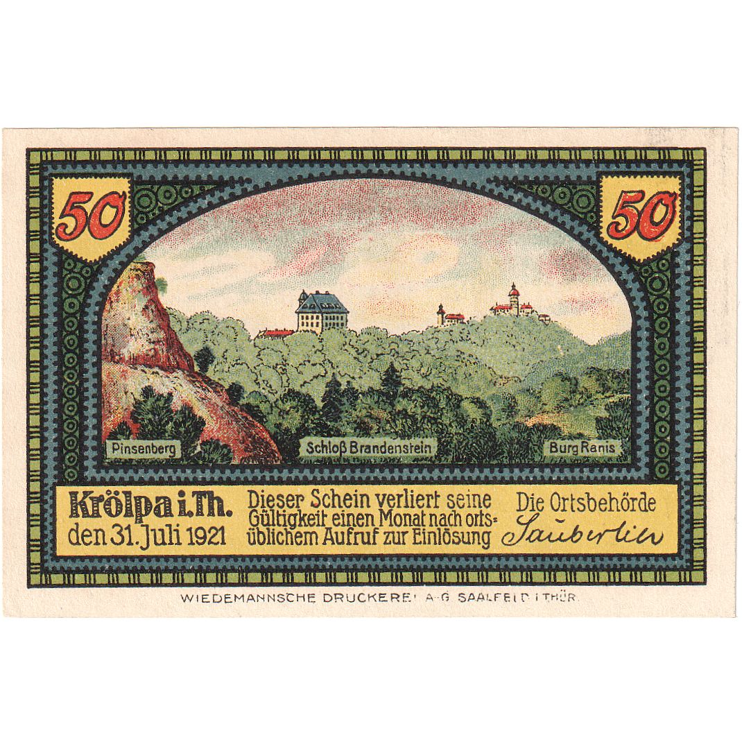 Geldschein, Deutschland, Krölpa in Thür., 50 Pfennig, paysage, 1921
