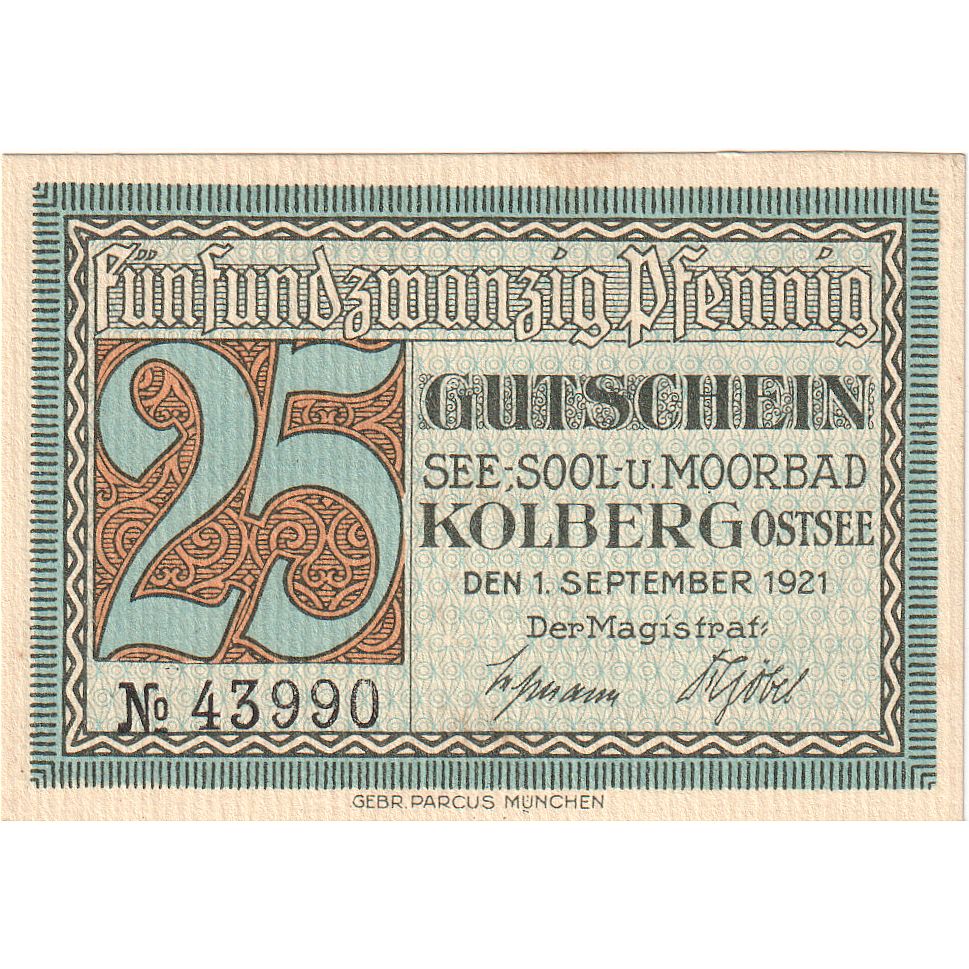 Banknot, Niemcy, Kolberg, 25 Pfennig, mer, 1921, 1921-09-01, UNC(63), Mehl:737.1