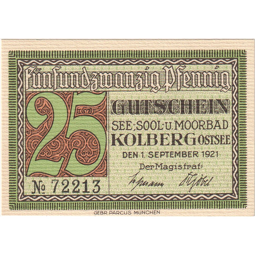 Banknot, Niemcy, Kolberg, 25 Pfennig, personnage, 1921, 1921-09-01, UNC(63)