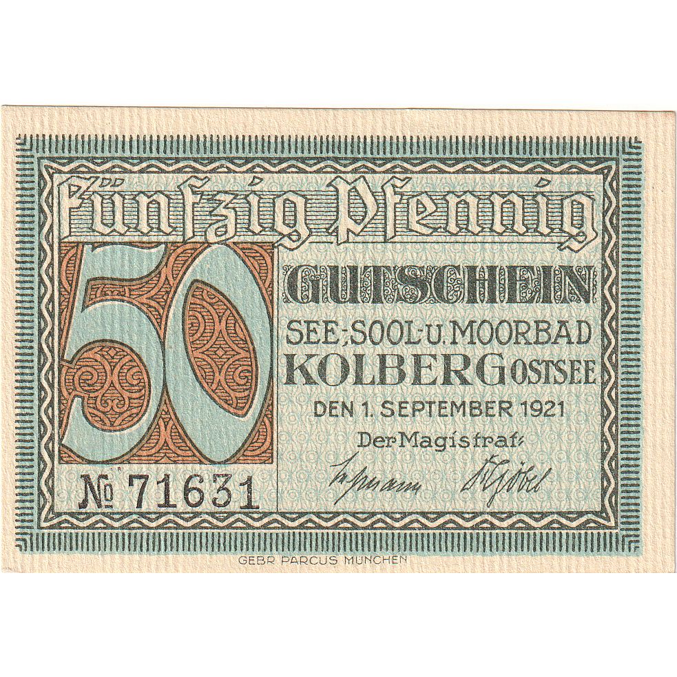 Banconote, Germania, Kolberg, 50 Pfennig, mer, 1921, 1921-09-01, SPL, Mehl:737.1