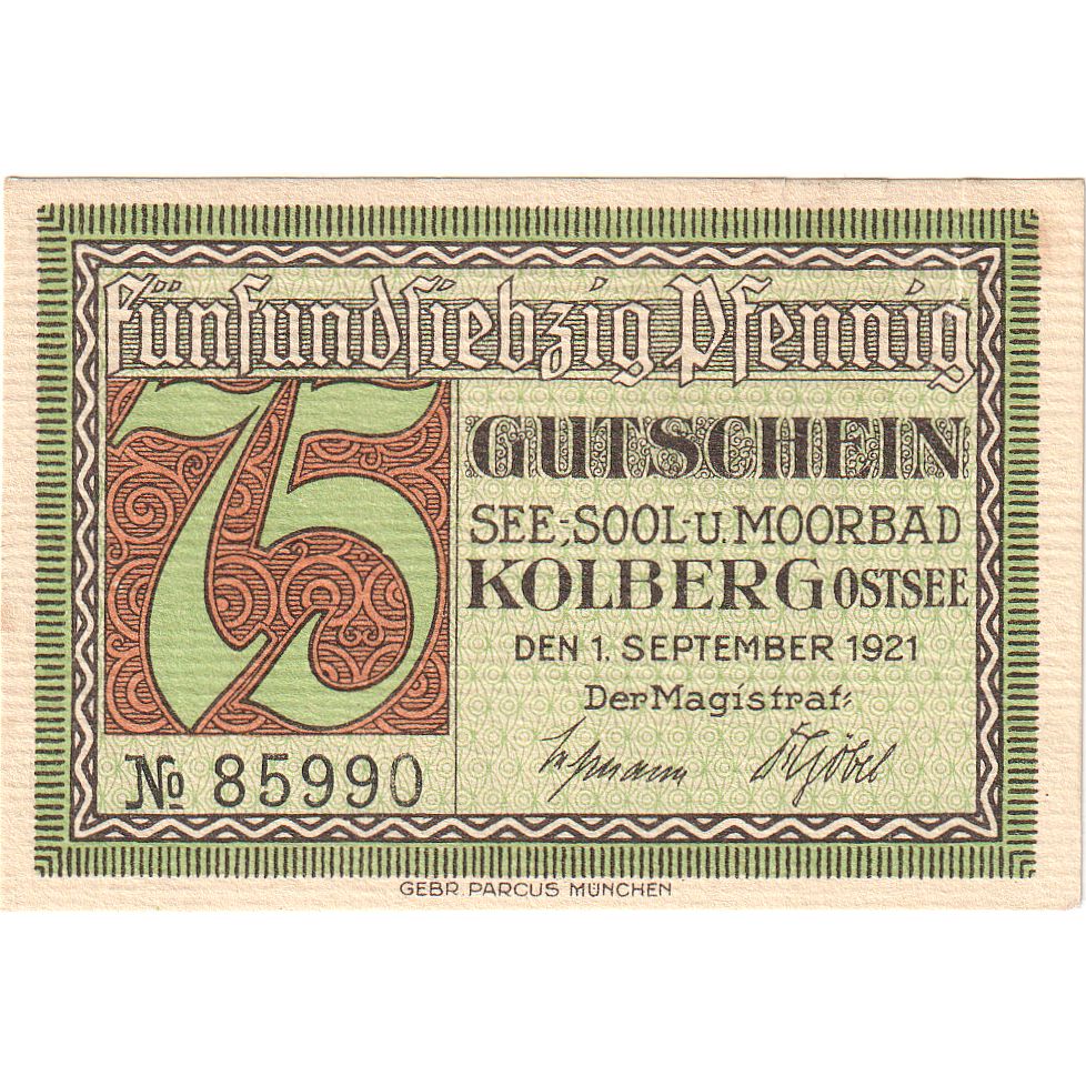 Banconote, Germania, Kolberg, 75 Pfennig, personnage, 1921, 1921-09-01, SPL