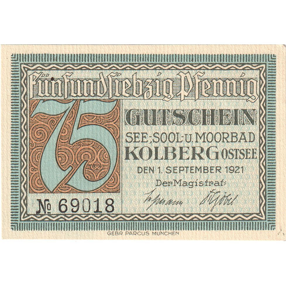 Banconote, Germania, Kolberg, 75 Pfennig, saline, 1921, 1921-09-01, SPL